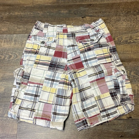 VTG Y2K Hollister Cargo Shorts Men 30 Madras Plaid PatchWork Button Fly Distress - Picture 6 of 9